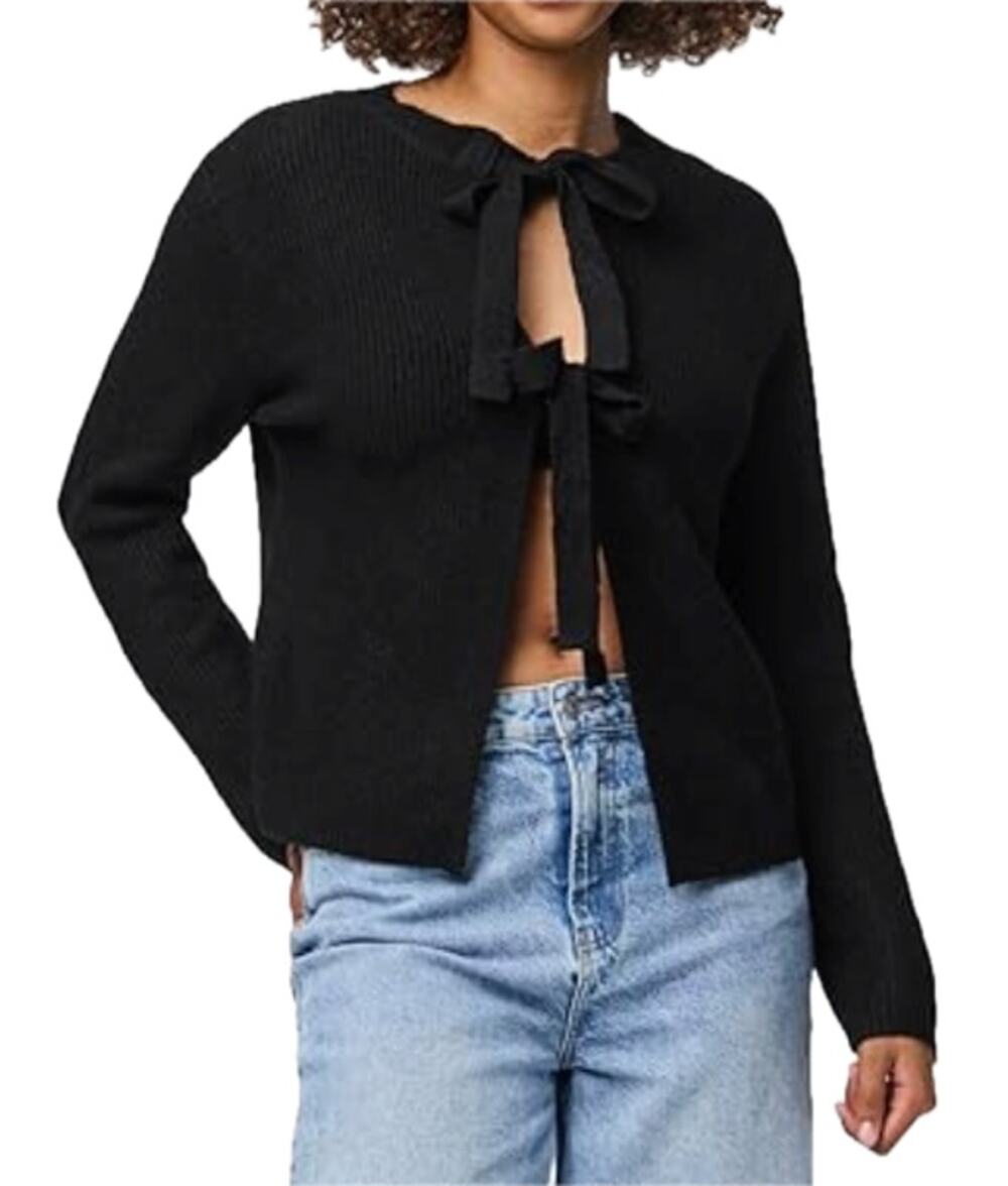 Pieces ASOS Black Ribbed Reversible Tie Front Knit Cardigan Sweater Plus Size 2X